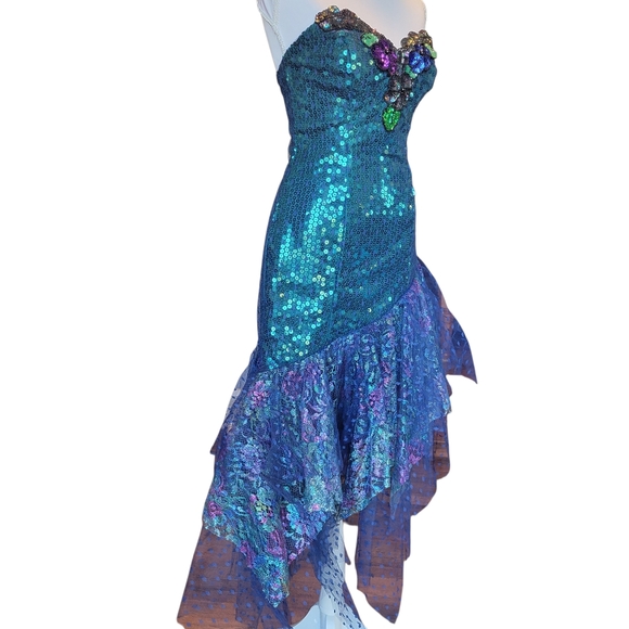 Vintage 80s Loralie Original Green Blue Teal Sequin Mesh Strapless Mermaid Dress - Picture 4 of 10